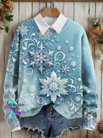 Snowflake Art Vintage Print Knit Pullover Sweater Multicolor / S