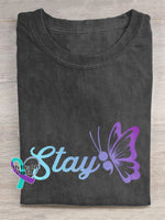Stay Suicide Prevention Awareness Butterfly Tie-Dye Background Casual Print T-Shirt Black / S