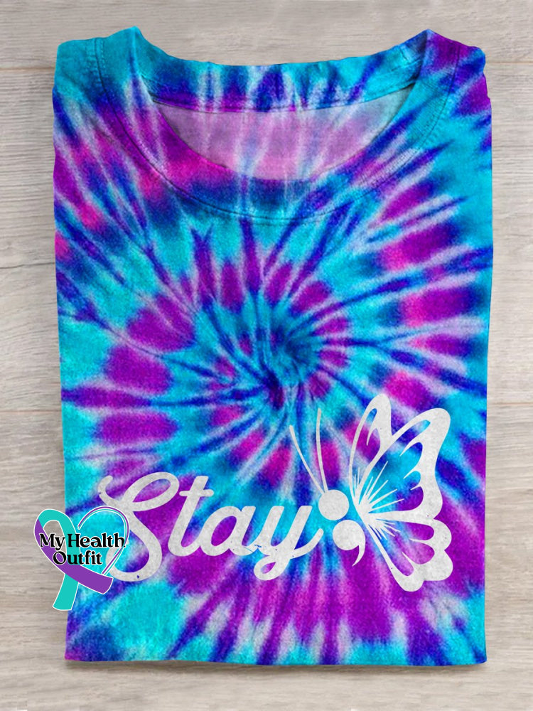 Stay Suicide Prevention Awareness Butterfly Tie-Dye Background Casual Print T-Shirt Multicolor / S