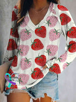 Strawberry Print V-Neck Long Sleeve Pullover Pink / S