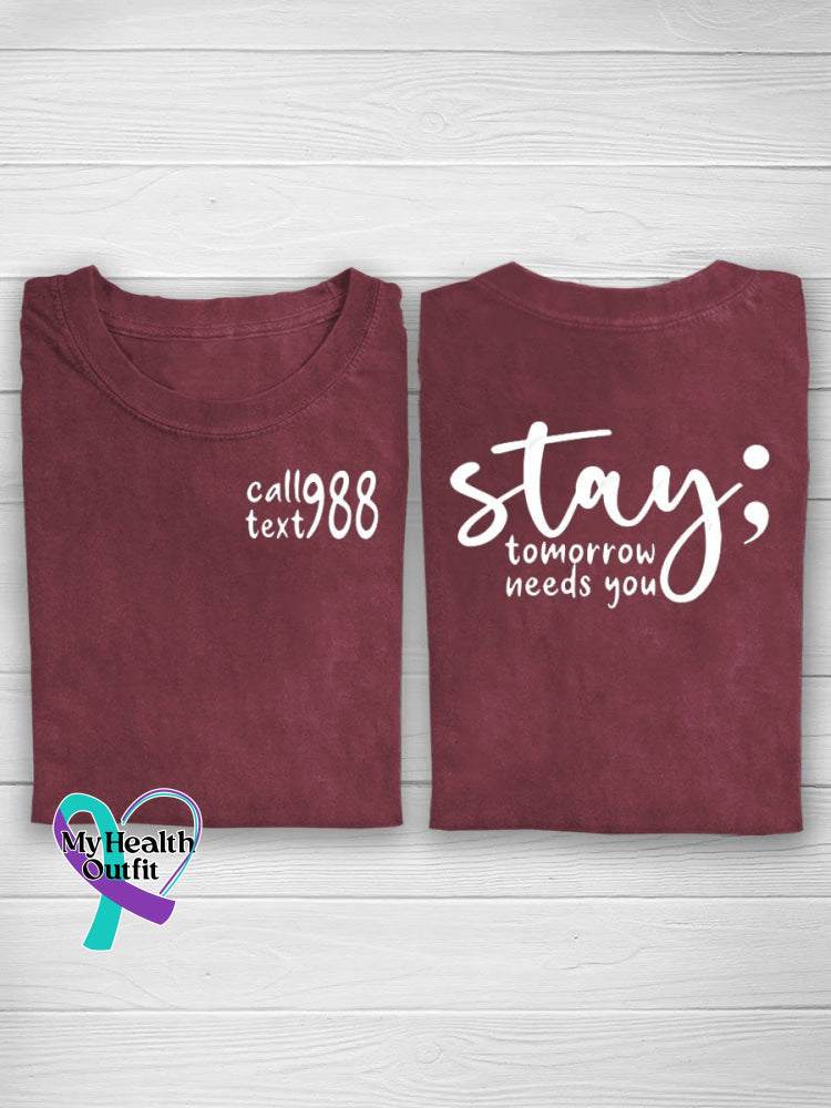 Suicide Prevention Awareness Semicolon Stay Call 988 Print T-Shirt Dark Red / S