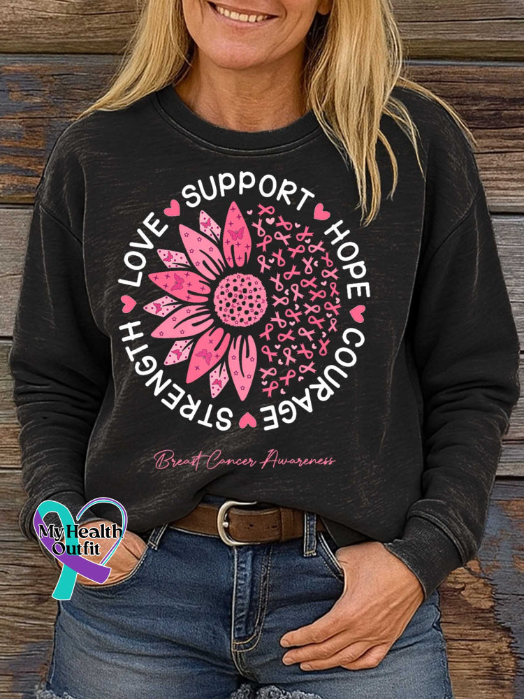 SUPPORT HOPE COURAGE STRENGTH LOVE Breast Cancer Awareness Print Casual Sweatshirt Black / S