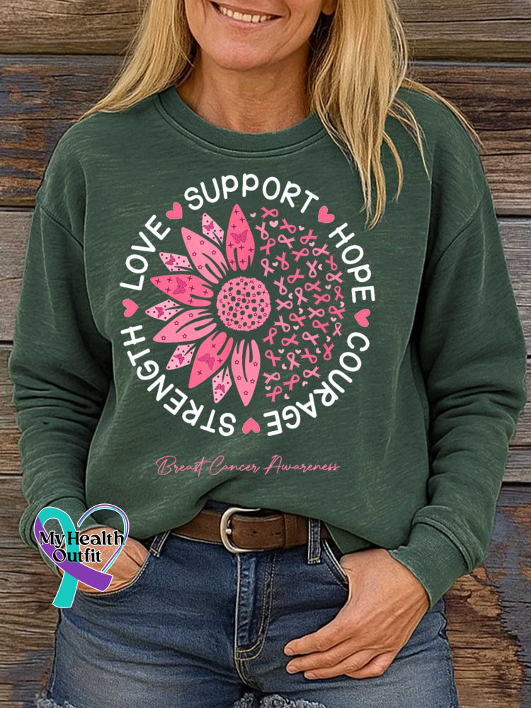 SUPPORT HOPE COURAGE STRENGTH LOVE Breast Cancer Awareness Print Casual Sweatshirt Green / S