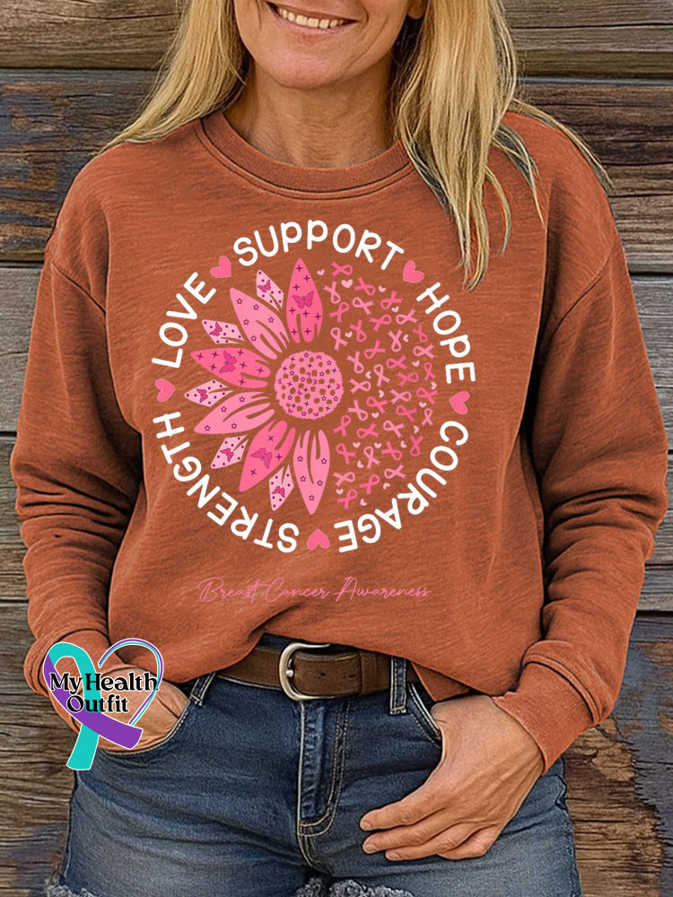 SUPPORT HOPE COURAGE STRENGTH LOVE Breast Cancer Awareness Print Casual Sweatshirt Orange / S