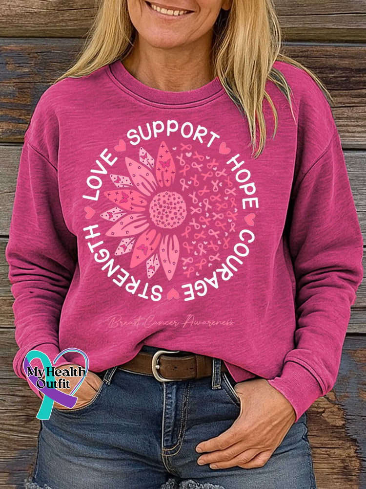 SUPPORT HOPE COURAGE STRENGTH LOVE Breast Cancer Awareness Print Casual Sweatshirt Pink / S