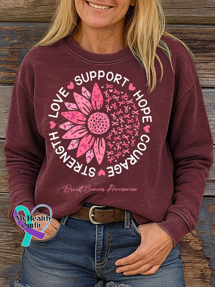 SUPPORT HOPE COURAGE STRENGTH LOVE Breast Cancer Awareness Print Casual Sweatshirt Red / S