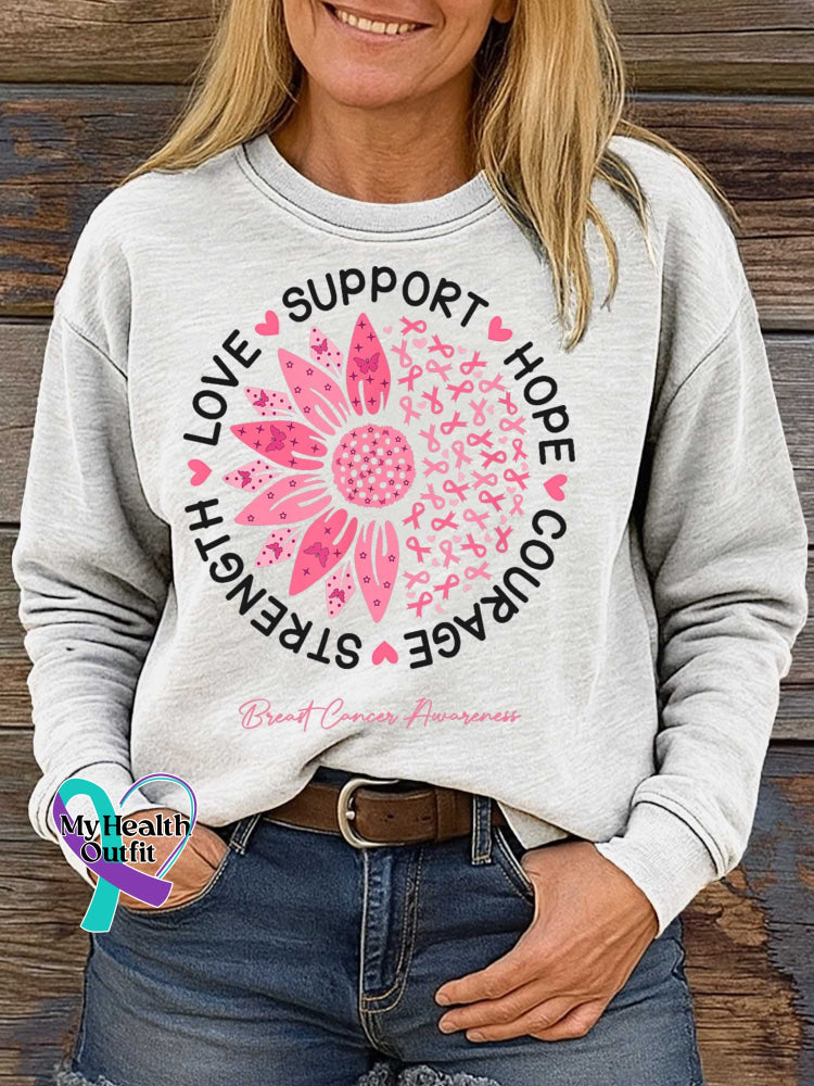 SUPPORT HOPE COURAGE STRENGTH LOVE Breast Cancer Awareness Print Casual Sweatshirt White / S