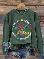 Teach Accept Understand Love Autism Awareness Art Print Pattern Casual Sweatshirt Green / S