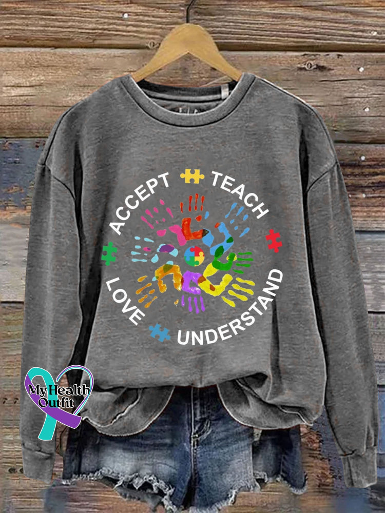 Teach Accept Understand Love Autism Awareness Art Print Pattern Casual Sweatshirt Grey / S