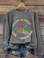 Teach Accept Understand Love Autism Awareness Art Print Pattern Casual Sweatshirt Grey / S