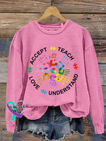 Teach Accept Understand Love Autism Awareness Art Print Pattern Casual Sweatshirt Pink / S