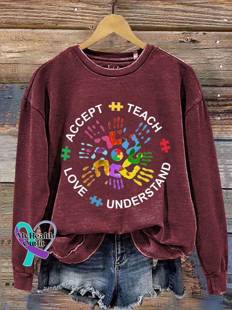 Teach Accept Understand Love Autism Awareness Art Print Pattern Casual Sweatshirt Red / S