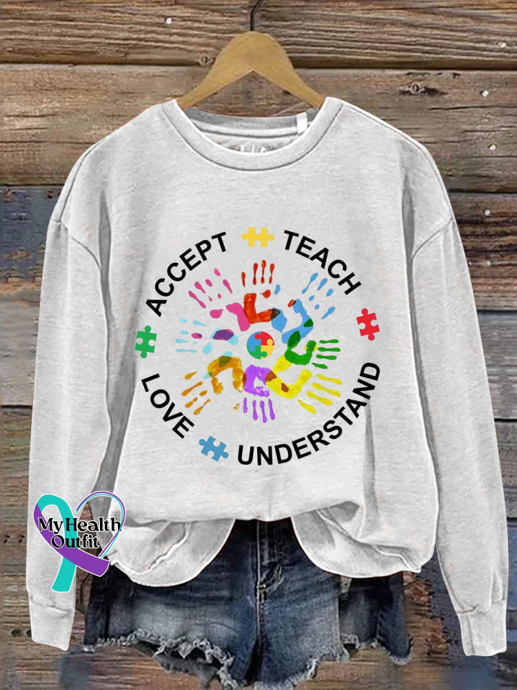 Teach Accept Understand Love Autism Awareness Art Print Pattern Casual Sweatshirt White / S