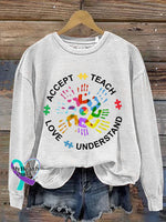 Teach Accept Understand Love Autism Awareness Art Print Pattern Casual Sweatshirt White / S