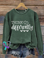 Think Differently Autism Awareness Art Print Pattern Casual Sweatshirt Green / S