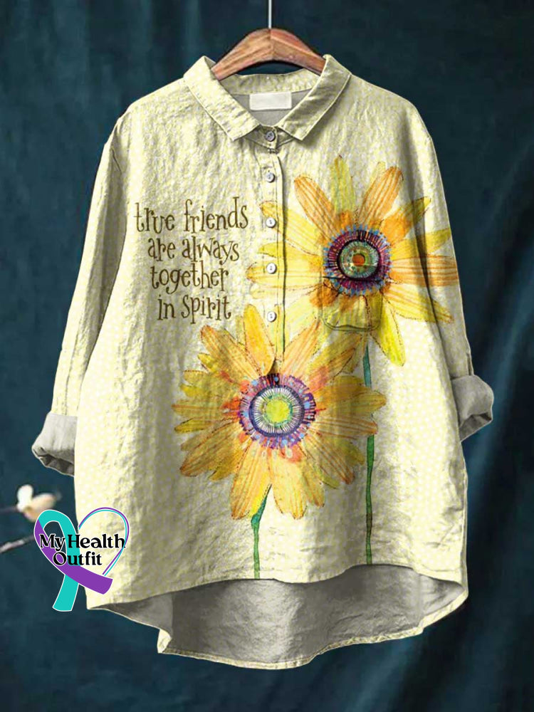 Tive Friends Are Always Together In Spirit Floral Art Print Casual Cotton And Linen Shirt Multicolor / S