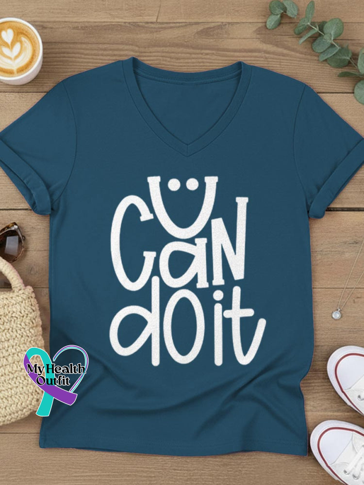 U Can Do It Art V-neck Casual T-Shirt Blue / S