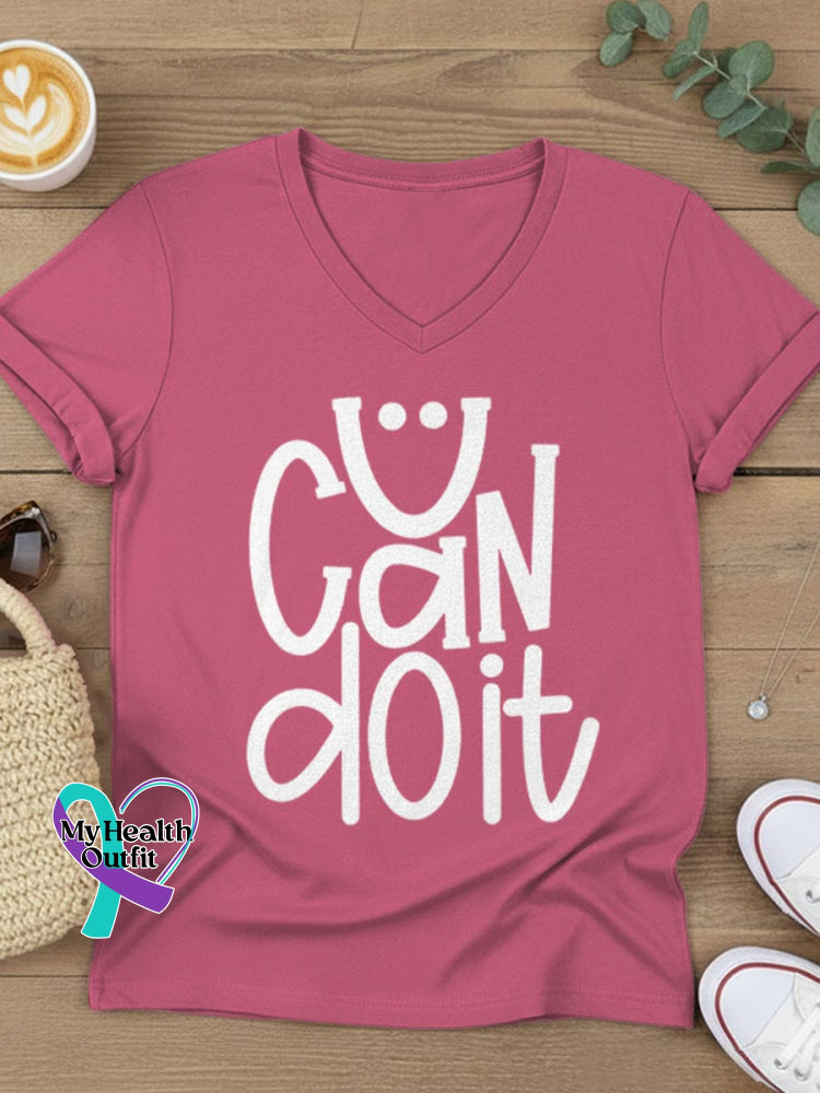 U Can Do It Art V-neck Casual T-Shirt Pink / S