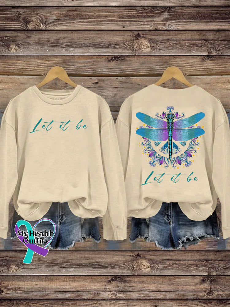 Unisex Let It Be Dragonfly Print Casual Crew Neck Sweatshirt Beige / S