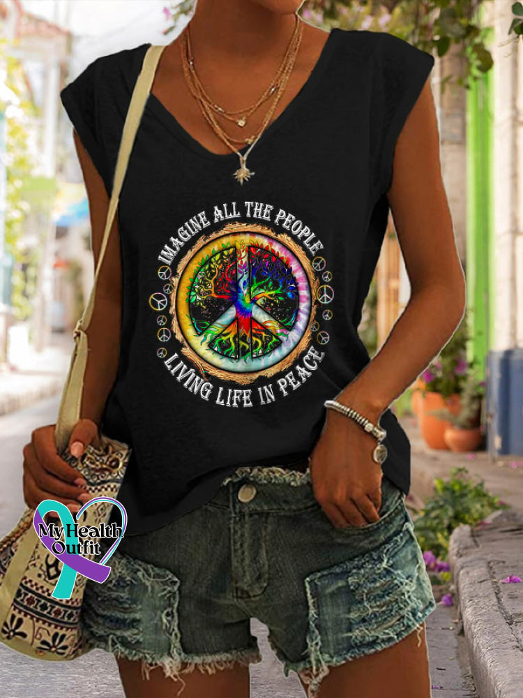 V-Neck Hippie Imagine All The People Living Life In Peace Print Tank Top Black / S
