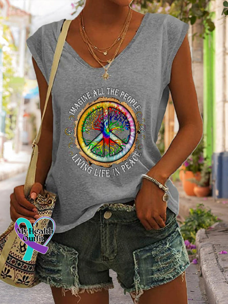 V-Neck Hippie Imagine All The People Living Life In Peace Print Tank Top Grey / S