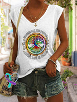 V-Neck Hippie Imagine All The People Living Life In Peace Print Tank Top White / S