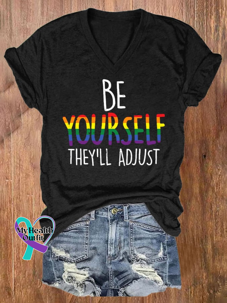 V-Neck Retro Be Yourself They’ll Adjust Lgbt Print T-Shirt Black / S