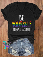 V-Neck Retro Be Yourself They’ll Adjust Lgbt Print T-Shirt Black / S