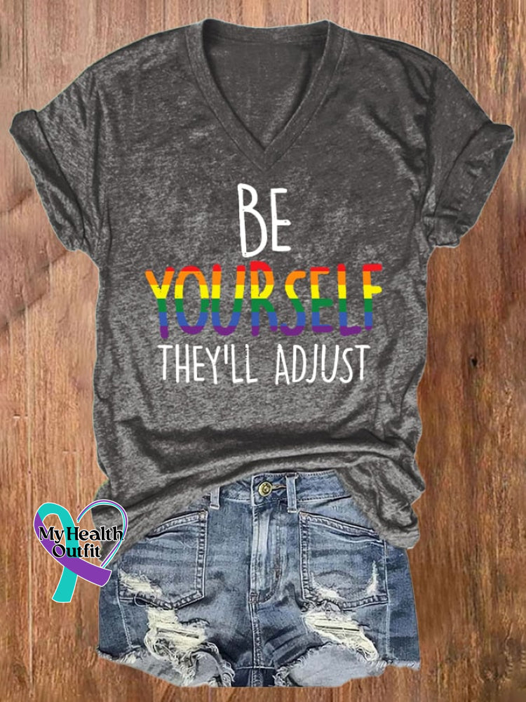 V-Neck Retro Be Yourself They’ll Adjust Lgbt Print T-Shirt Grey / S