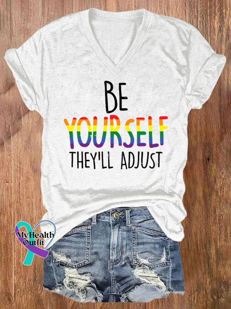 V-Neck Retro Be Yourself They’ll Adjust Lgbt Print T-Shirt White / S
