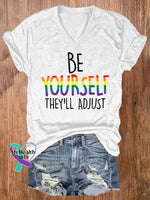 V-Neck Retro Be Yourself They’ll Adjust Lgbt Print T-Shirt White / S
