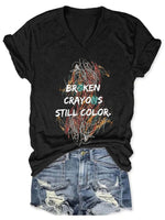 V-Neck Retro Broken Crayons Still Color Print T-Shirt Black / S
