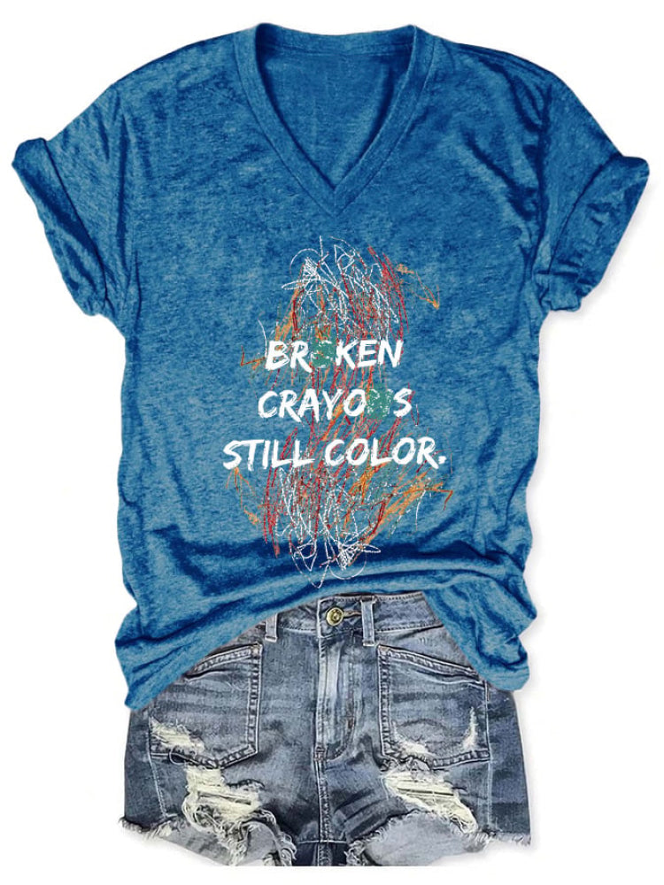 V-Neck Retro Broken Crayons Still Color Print T-Shirt Blue / S