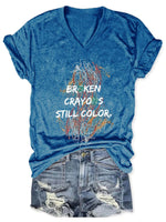 V-Neck Retro Broken Crayons Still Color Print T-Shirt Blue / S
