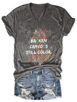 V-Neck Retro Broken Crayons Still Color Print T-Shirt Dark Grey / S