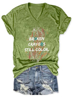 V-Neck Retro Broken Crayons Still Color Print T-Shirt Green / S