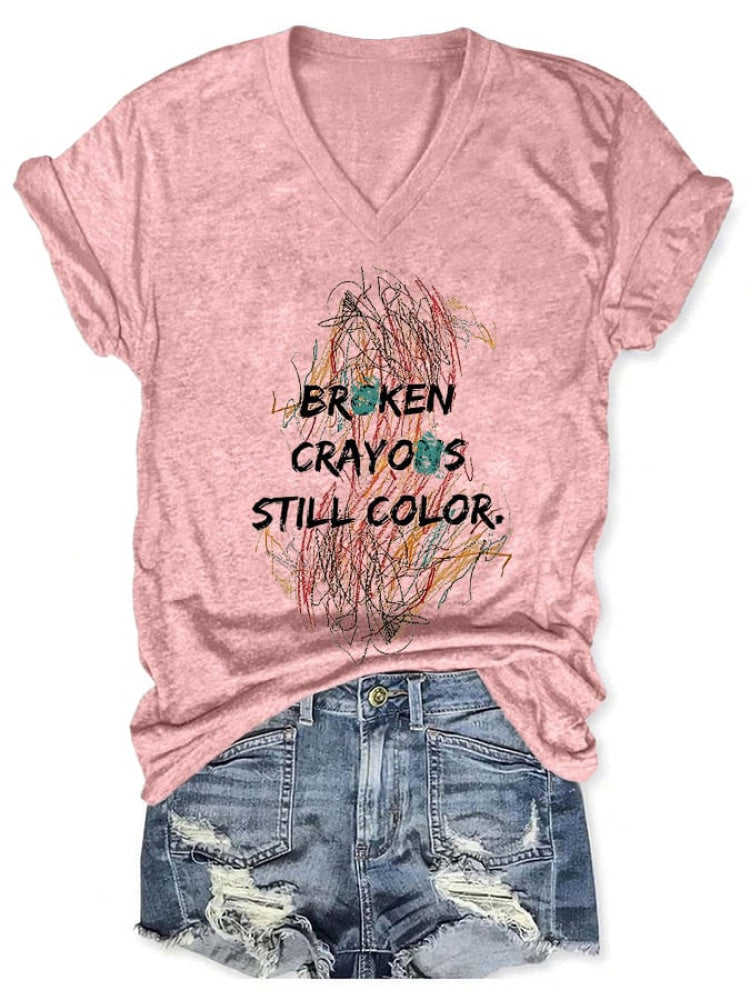 V-Neck Retro Broken Crayons Still Color Print T-Shirt Pink / S