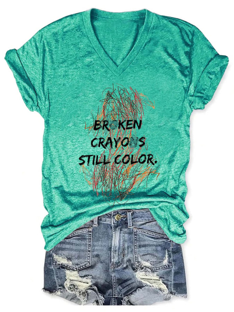 V-Neck Retro Broken Crayons Still Color Print T-Shirt Teal / S