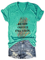 V-Neck Retro Broken Crayons Still Color Print T-Shirt Teal / S