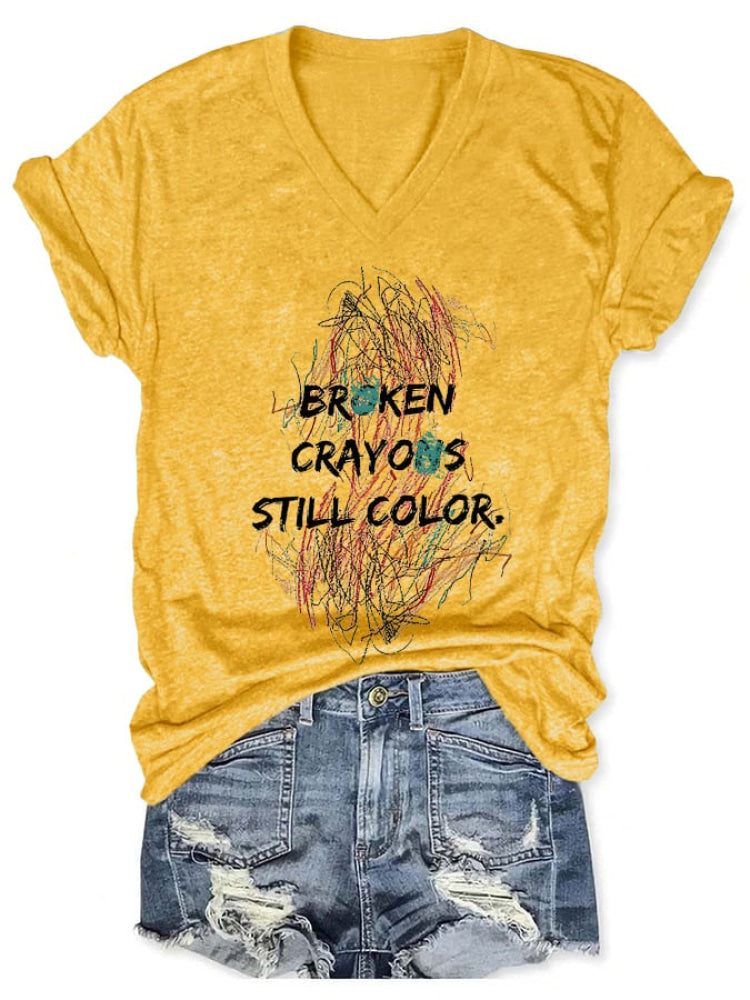 V-Neck Retro Broken Crayons Still Color Print T-Shirt Yellow / S