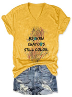 V-Neck Retro Broken Crayons Still Color Print T-Shirt Yellow / S