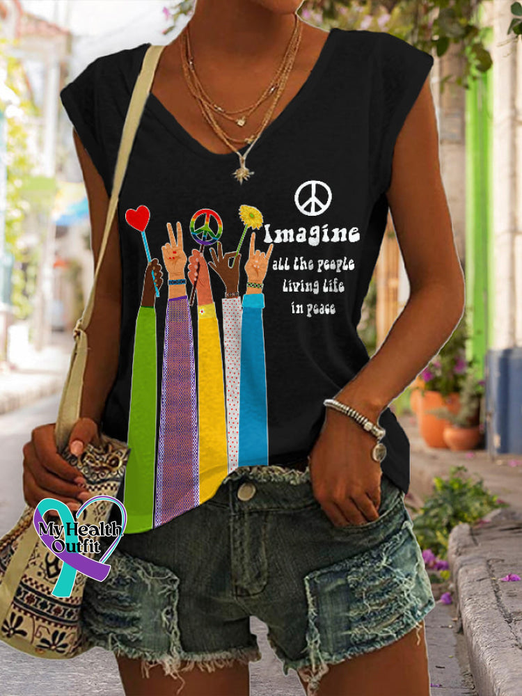 V-Neck Retro Hippie Imagine All The People Living Life In Peace Print Tank Top Black / S