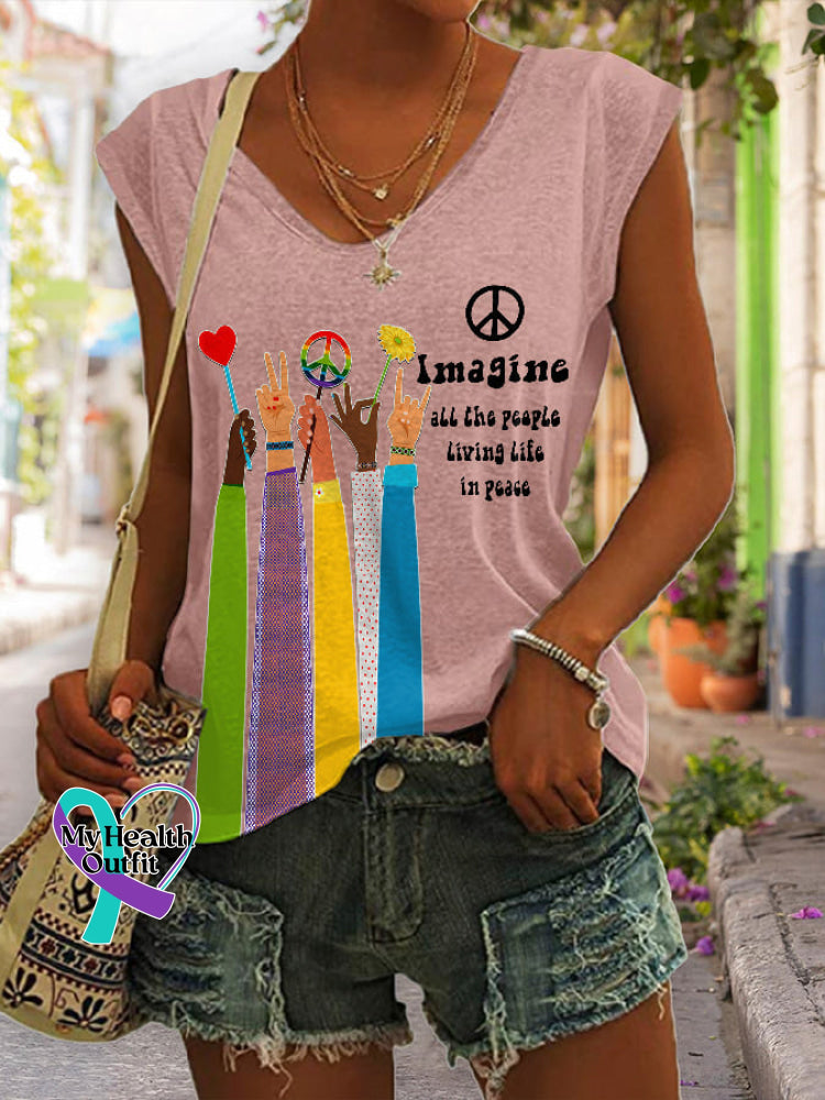 V-Neck Retro Hippie Imagine All The People Living Life In Peace Print Tank Top Pink / S