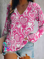Valentine’s Day Print V-Neck Long Sleeve Pullover Pink / S