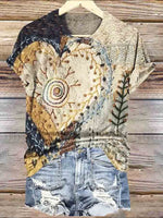 Vintage Heart Pattern Art V-neck Casual T-Shirt Multicolor / S