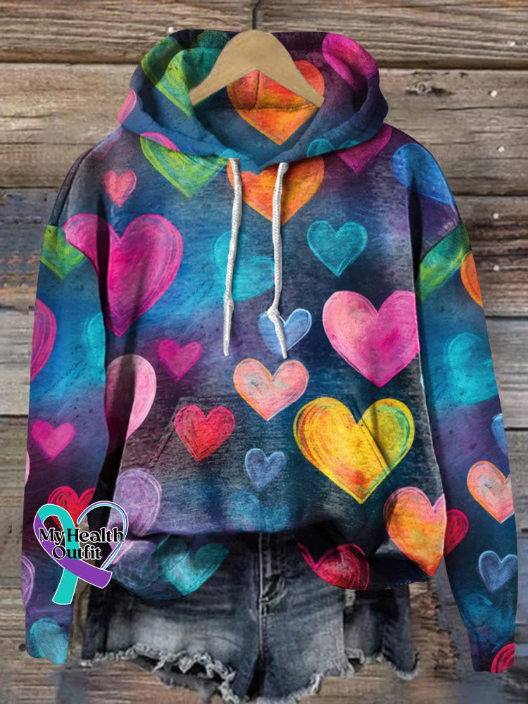 Vintage Heart Print Casual Hoodie Multicolor / S