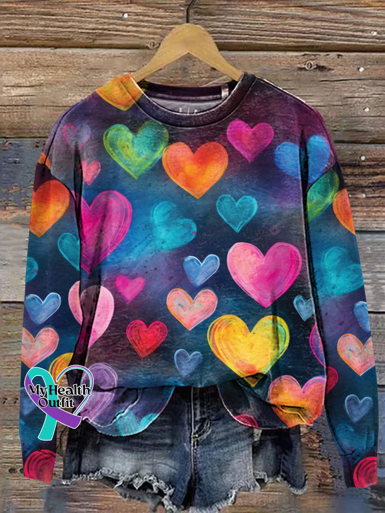 Vintage Gradient Heart Full Print Crew Neck Casual Sweatshirt Multicolor / S