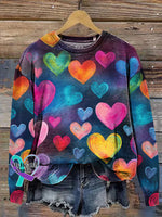 Vintage Gradient Heart Full Print Crew Neck Casual Sweatshirt Multicolor / S