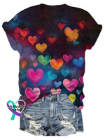 Vintage Heart Print Casual V-Neck Short Sleeve T-Shirt Multicolor / S