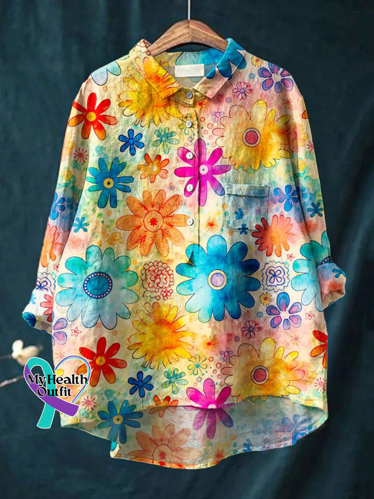Women’s Vintage Love And Peace Flower Art Print Casual Cotton Linen Shirt Multicolor / S